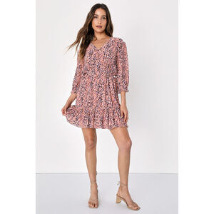 Lulus Parkside Mauve Multi Print Half-sleeve V-neck Mini Dress Pink - Size S